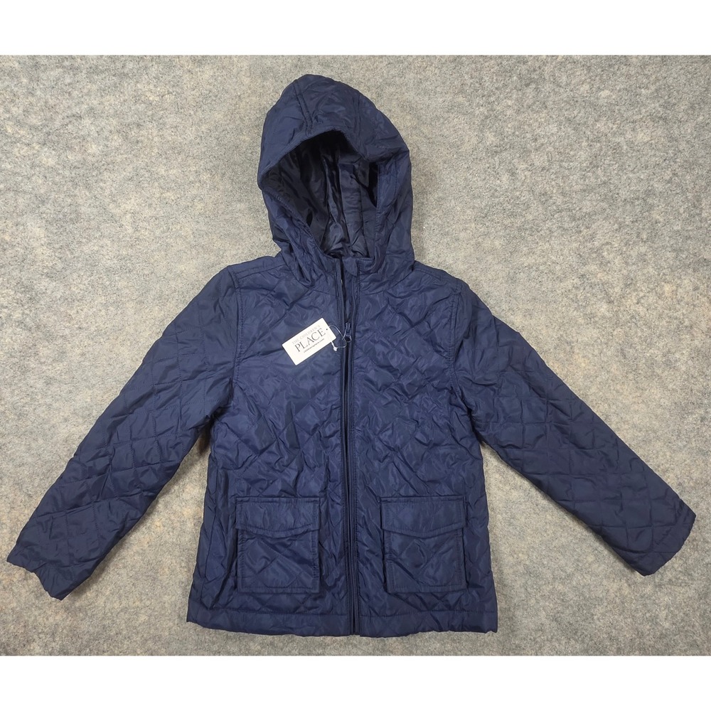 The Childrens Place Kids Quilted Puffer Jacket Blue Tidal Hooded Size 5 6 NWT